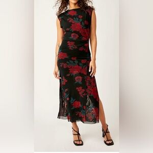 Free People Black Sheer Floral Dress with Pink & Teal Accents